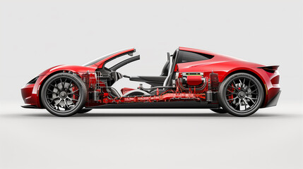 Side Cutaway View of a Red Electric Supercar