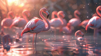 A group of Greater flamingos wading in the liquid at sunset
