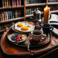 Closeup photo of a nutritious breakfast on a worn leather-bound tray. The scene is set in a dimly lit library with shelves of books in the background.