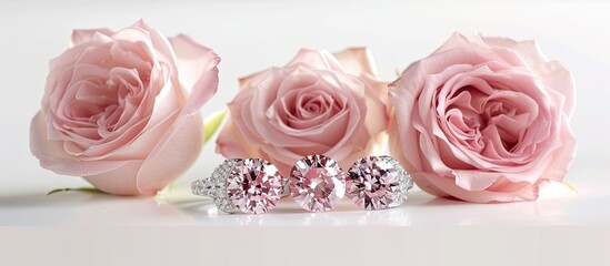 Three vibrant pink roses are showcased next to a pair of elegant diamond earrings on a crisp white background. The contrast between the flowers and the jewelry creates a visually striking composition.
