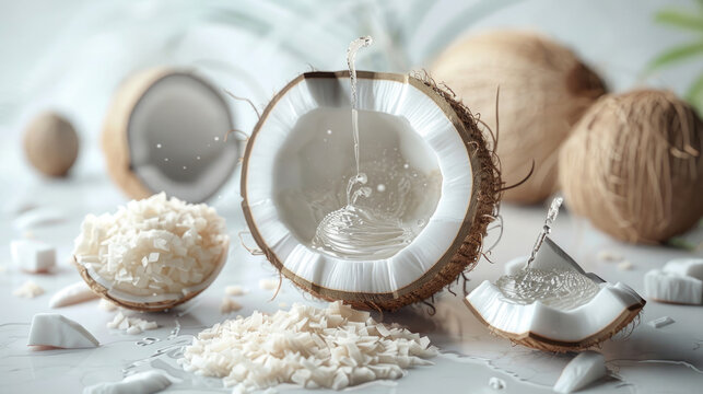 Anatomy of a young coconut, with the liquid endosperm (coconut water) inside. Coconut water is naturally stored within the fruit. Ingredient for adrenal cocktail