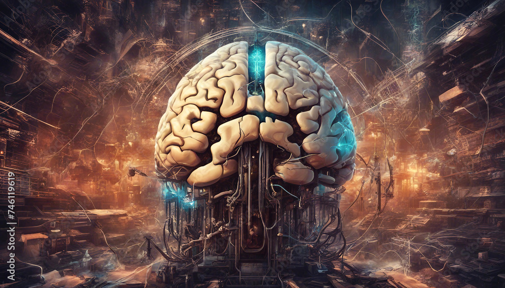 Poster artificial brain with neural networks. artificial intelligence. futuristic landscape. fantastic illu
