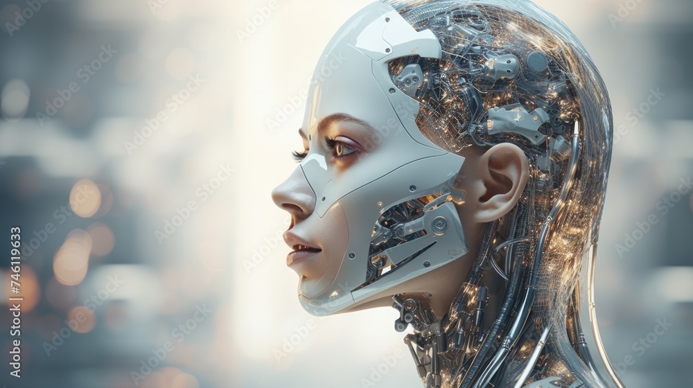 Poster female android with cybernetic enhancements. concept of futuristic biotechnology, artificial intelli