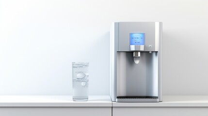 Office water cooler with glass of water on the table. White background. Concept of workplace hydration, modern office, water dispenser, employee wellness. Copy space