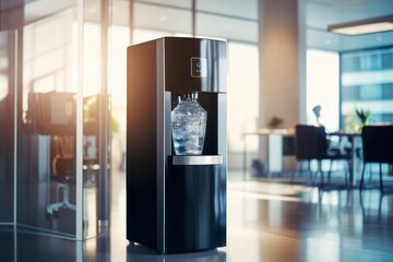 Modern black water cooler in a well-lit office. Concept of corporate wellness, hydration station, office hydration solutions, and drinking water. Copy space