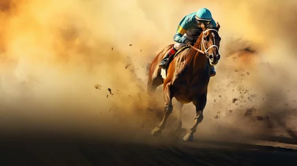 Raamstickers Racing horse and jockey in mid-race with dramatic dust cloud. Concept of animal speed, competitive riding, horse racing, and sporting event. Copy space © Jafree