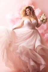 Elegant full-figured bride in a flowing white wedding dress in pink peach backdrop. Concept of bridal joy, natural beauty, grace, femininity, and elegant simplicity.