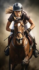 Fototapeta na wymiar Female jockey riding bay horse in full gallop. Concept of equestrian sport, horseback riding, race training, athleticism. Vertical format