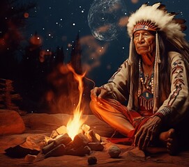 Fototapeta premium Native American elderly shaman with ceremonial headdress by fire under the night sky. Tribal leader. Concept of indigenous culture, traditional ritual, native attire, spiritual ceremony, meditation
