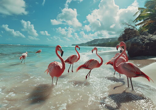A flock of flamingos with long beaks standing by the ocean on a sandy beach