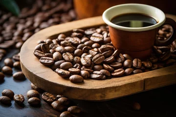 Tuinposter Coffee beans and cup on a wooden tray and table © Graphics Box