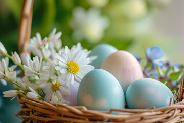 Fototapeta na wymiar Easter basket filled with pastel color eggs and beautiful spring flowers