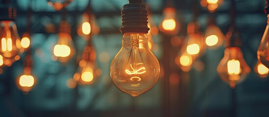 Numerous light bulbs hanging from the ceiling, creating a bright and illuminated environment. The bulbs are various shapes and sizes, emitting a warm glow throughout the space. - obrazy, fototapety, plakaty
