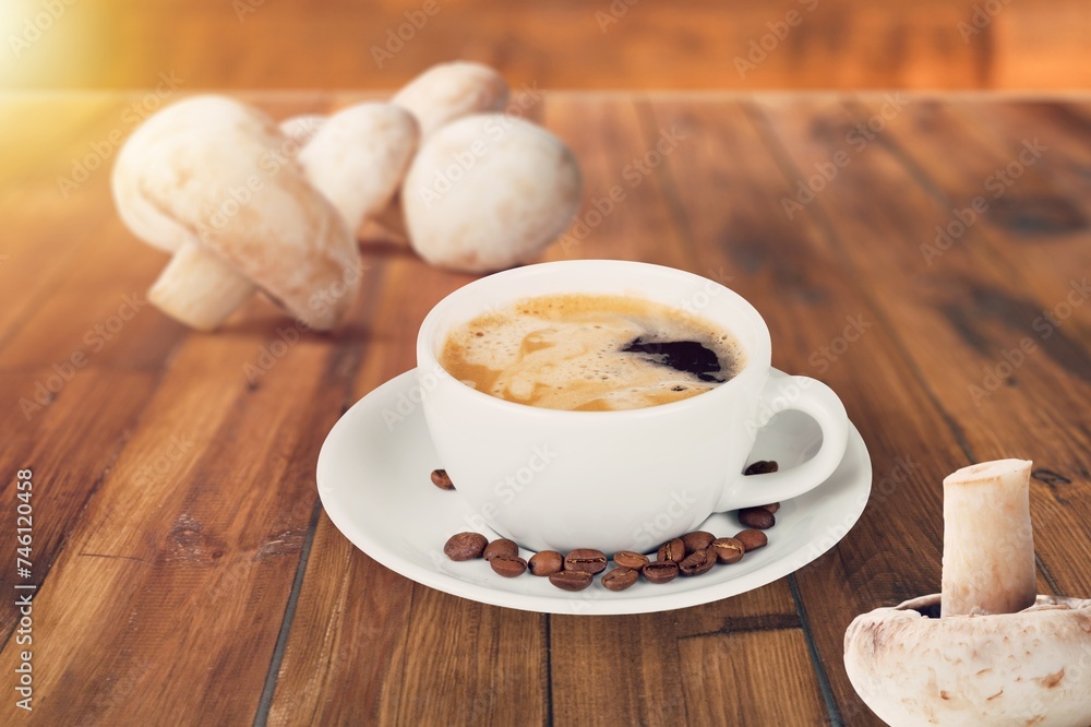 Poster trendy superfood coffee in cup on desk