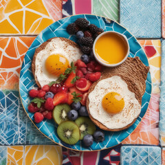 Closeup photo of a nutritious breakfast featuring vibrant colors and textures placed on a hand-painted ceramic board with a geometric pattern.
