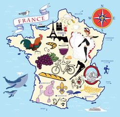 Vector illustration of a map of France, with icons and cities
