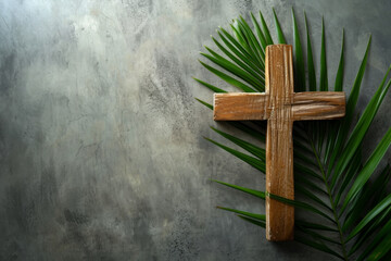 Palm Sunday background Wooden cross and palm leaves on neutral background with copy space for text. Christianity, faith, religious, Holy Week concept