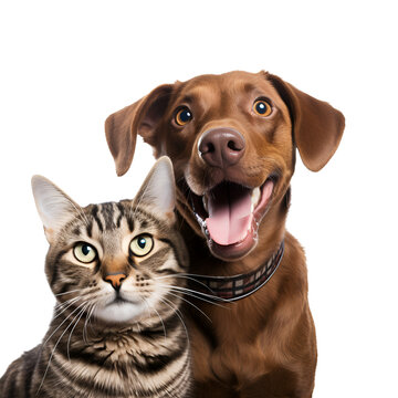 The Pets’ Amazing Friendliness: A Portrait of a Happy Dog and Cat Looking at the Camera Together, Isolated on Transparent Background, PNG
