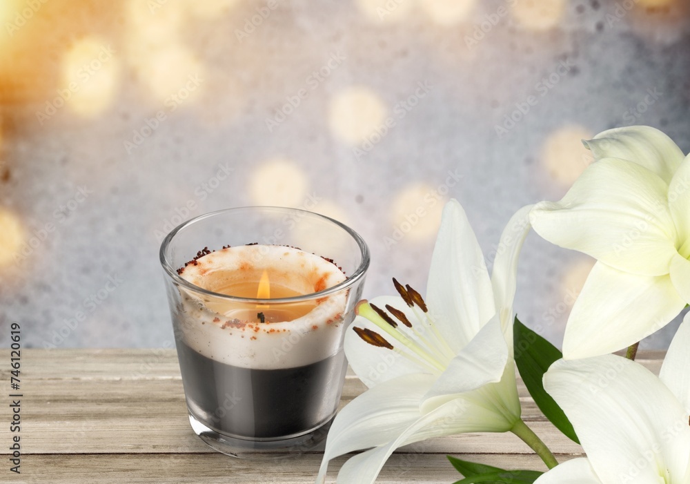 Sticker White lilies flowers and burning candle