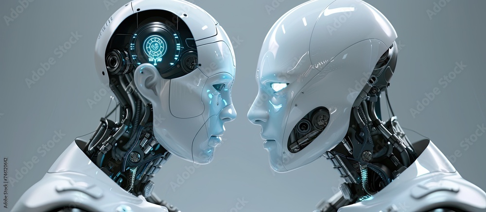 Poster a pair of robots stand opposite each other, their metallic forms reflecting light. they seem to be e