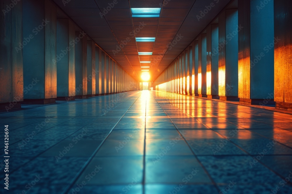Poster an image capturing the tranquility of an empty office corridor bathed in the warm glow of the sunset