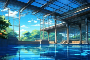 Pool indoor anime visual novel game. Patio edge. Generate Ai