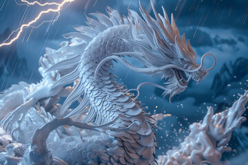 3D render of a dragon and lightning bird amalgamation with detailed textures showcasing both scales and feathers amidst a 3D modeled stormy environment lightning striking in the background