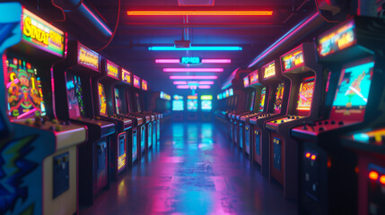 3D rendering of a classic 90s arcade room rows of game cabinets illuminated by neon lights focusing on the detailed textures of the machines and ambient lighting - obrazy, fototapety, plakaty