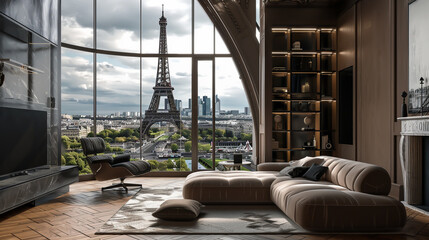 3D rendering of a luxurious room in the Eiffel Tower hotel with panoramic glass windows showcasing a stunning view of Paris below hyper realistic details - obrazy, fototapety, plakaty