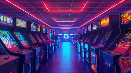 3D rendering of a classic 90s arcade room rows of game cabinets illuminated by neon lights focusing on the detailed textures of the machines and ambient lighting - obrazy, fototapety, plakaty
