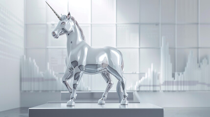 3D rendering of a minimalist unicorn sculpture made of chrome standing on a pedestal shaped like a market trend graph representing a business unicorn in a modern corporate lobby