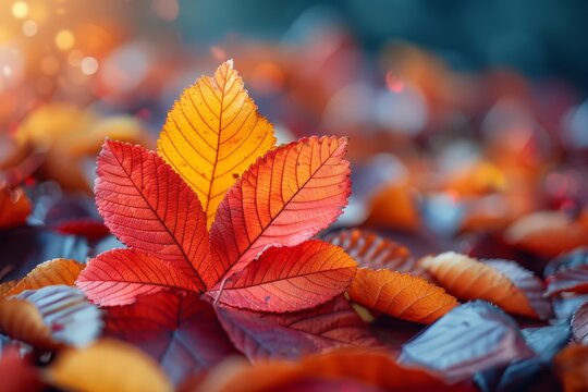 A vivid close-up image showcasing the intricate details and colors of autumn leaves against a blurred background