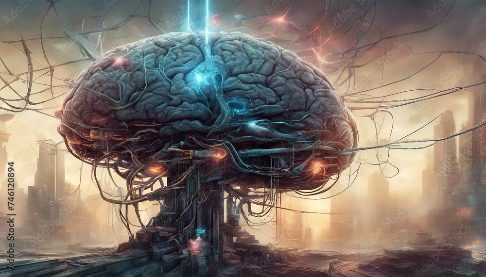 Poster artificial intelligence. artificial brain with neural networks. futuristic landscape. fantastic illu