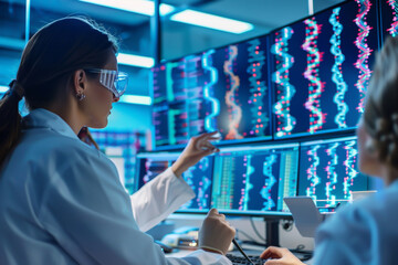 A team of geneticists in a high tech lab analyzing the genome sequence on advanced software displayed on large monitors reflecting the intricate work of genetic engineering