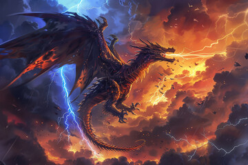 A whimsical drawing of a dragon with the wings and tail feathers of a lightning bird surrounded by storm clouds and bolts of lightning in a colorful animated style - obrazy, fototapety, plakaty