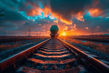 Dramatic, high-contrast image of a train heading directly towards the camera on tracks set against a fiery sky at sunset - obrazy, fototapety, plakaty