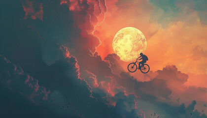A whimsical illustration of a flying bicycle on an adventure around the world with a stylized big sun and a colorful sky blending fantasy and reality