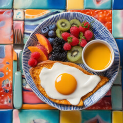 Closeup photo of a nutritious breakfast featuring vibrant colors and textures placed on a hand-painted ceramic board with a geometric pattern.
