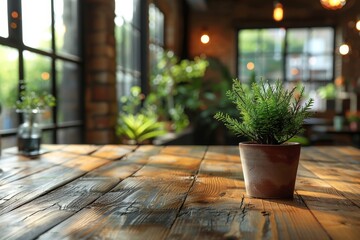 A single potted plant rests on a rustic wooden table, breathing life into a tranquilly lit indoor cafe ambiance