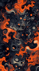 Abstract surreal depiction of hell as a labyrinth of twisted shapes and faces in a palette of black red and orange evoking fear and chaos - obrazy, fototapety, plakaty