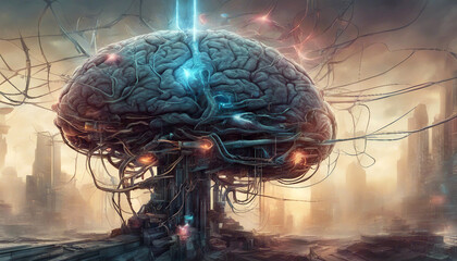Artificial intelligence. Artificial brain with neural networks. Futuristic landscape. Fantastic illustration. Ski-fi concept