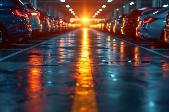 An image showcasing the symmetry of cars parked in an indoor parking lot illuminated by the setting sun