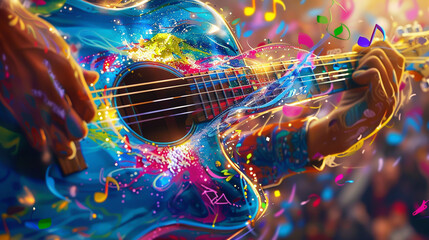 Hands strumming a brightly painted guitar colorful musical notes emanating from the strings against a blurred background of a cheering crowd high detail on the guitars texture - obrazy, fototapety, plakaty