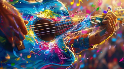 Foto op Canvas Hands strumming a brightly painted guitar colorful musical notes emanating from the strings against a blurred background of a cheering crowd high detail on the guitars texture © JR-50
