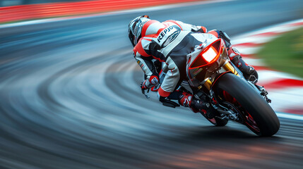 High speed MotoGP motorcycle racing on a sharp turn detailed focus on the bikes design and riders concentration dynamic angle capturing the sense of speed