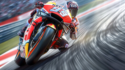 High speed MotoGP motorcycle racing on a sharp turn detailed focus on the bikes design and riders concentration dynamic angle capturing the sense of speed - obrazy, fototapety, plakaty