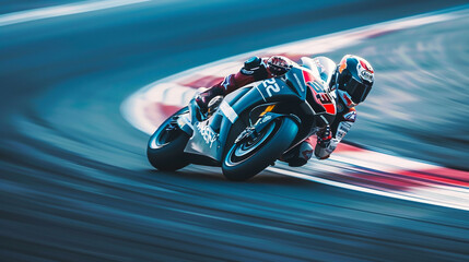 High speed MotoGP motorcycle racing on a sharp turn detailed focus on the bikes design and riders concentration dynamic angle capturing the sense of speed