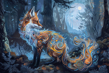 Majestic 9 tailed fox in a mystical forest bathed in moonlight with each tail uniquely patterned capturing the mythical creature in stunning detail - obrazy, fototapety, plakaty
