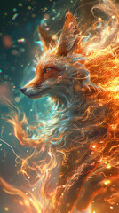 Stylized digital art of a 9 tailed fox casting magical spells with dynamic lines and abstract patterns emphasizing its mythical powers - obrazy, fototapety, plakaty