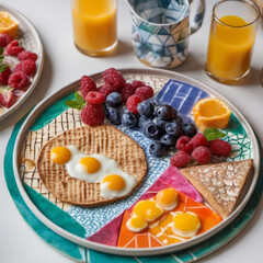 Closeup photo of a nutritious breakfast featuring vibrant colors and textures placed on a hand-painted ceramic board with a geometric pattern.
